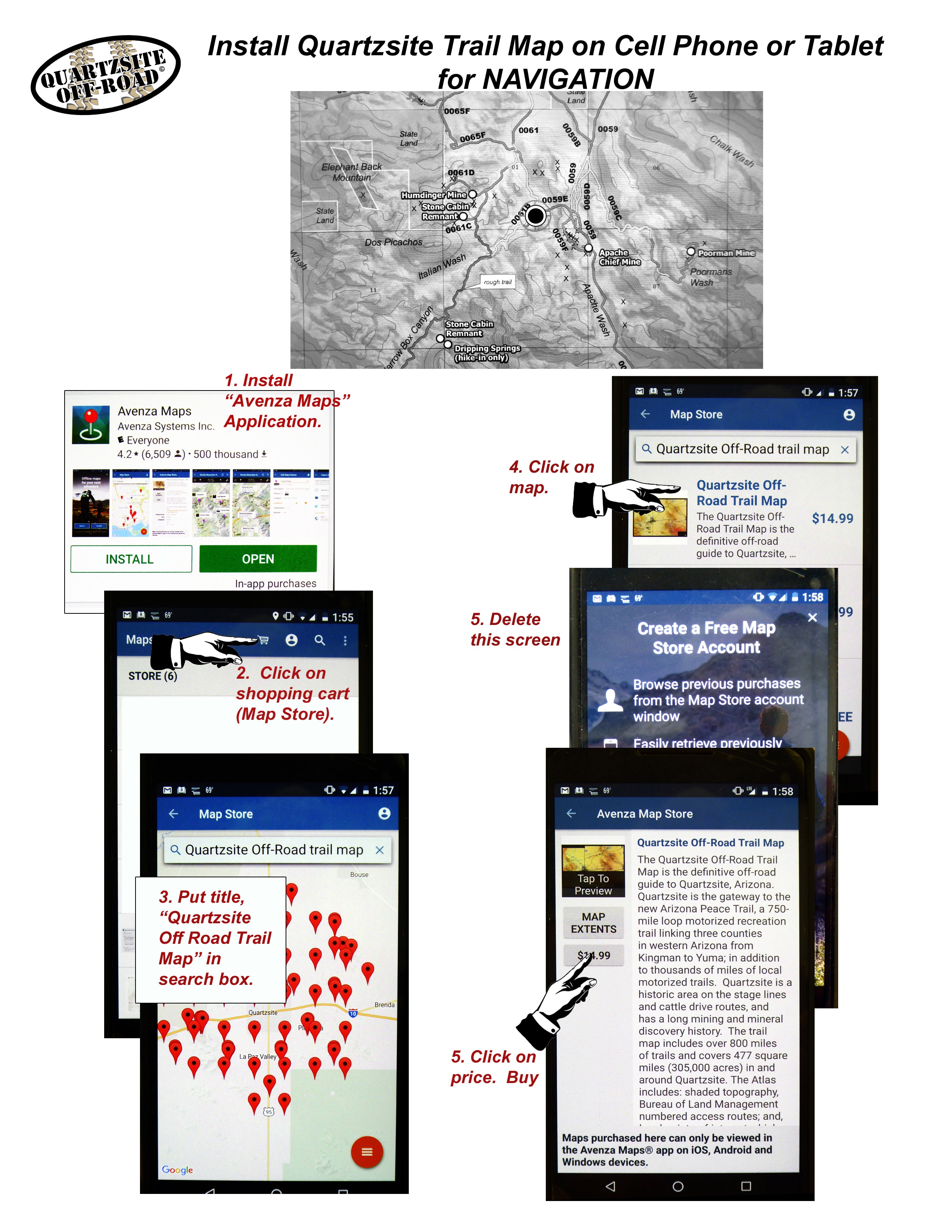 Step-by-step instructions for installing the Quartzsite Off-Road Trail Map on Avenza Maps